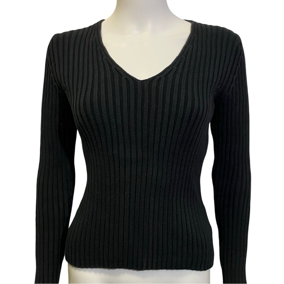Old Navy Women’s Navy Ribbed Knit V-Neck Cotton Sweater Classic Long Sleeve - Picture 2 of 9